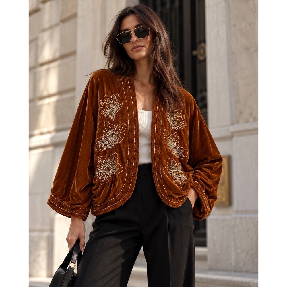Zara M/L Velvet Quilted Kimono Jacket Embroidered Oversized Gold Shimmer Brown